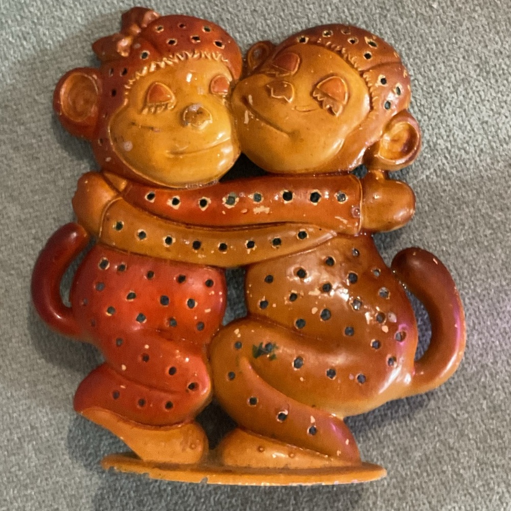 Vintage Twin Monkey Ceramic Figurine - Orange and Red